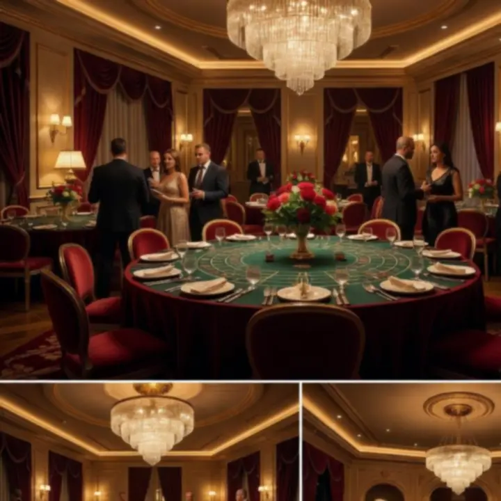 Elegancko udekorowana sala eventowa z oświetleniem w stylu kasynowym.