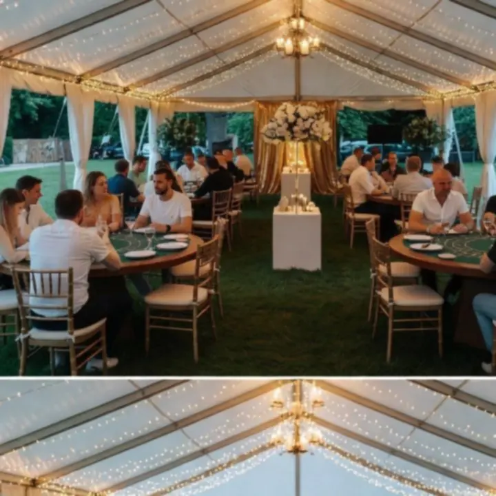 Plenerowa przestrzeń eventowa z elegancką aranżacją stołów i oświetleniem.