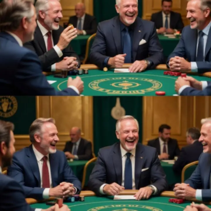 Uczestnicy wieczoru pokerowego przy profesjonalnych stołach, skoncentrowani na rozgrywce i uśmiechnięci do obiektywu.
