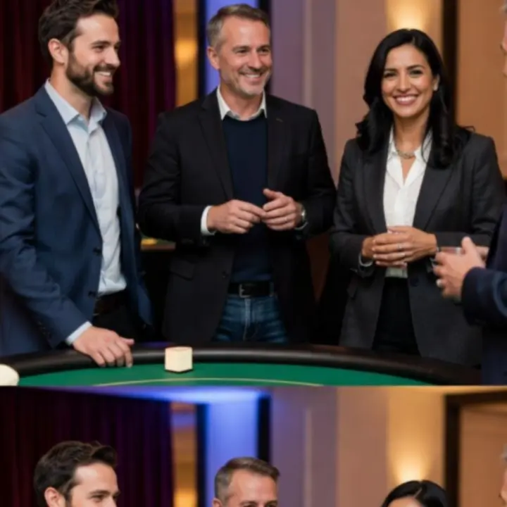 Uśmiechnięci uczestnicy wieczoru pokerowego świętujący zwycięstwo przy stole.