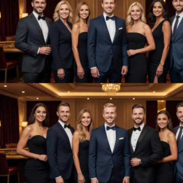 Zgrany zespół Dawid Połomski DOP pozujący wspólnie w eleganckiej, wieczornej scenerii eventowej.